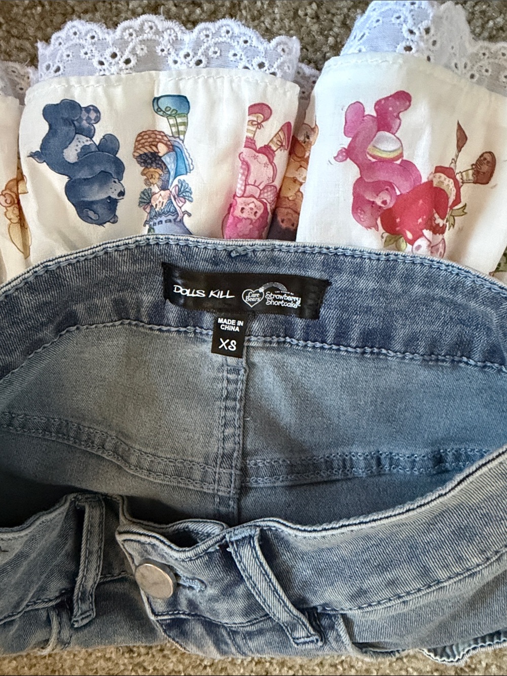 Dolls Kill Blue Denim Mini Skirt with White Ruffle and Multicolor Print - Picture 3 of 3